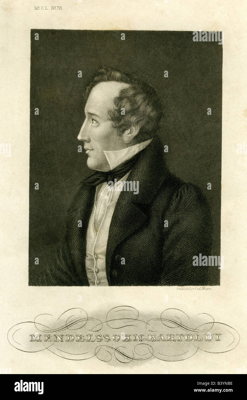 Mendelssohn Bartholdy, Felix 3.2.1809 - 4.11.1847, German composer, portrait, side view, engraving by Carl Mayer, 19th century, Mendelssohn-Bartholdy, Germany, , Artist's Copyright has not to be cleared Stock Photo
