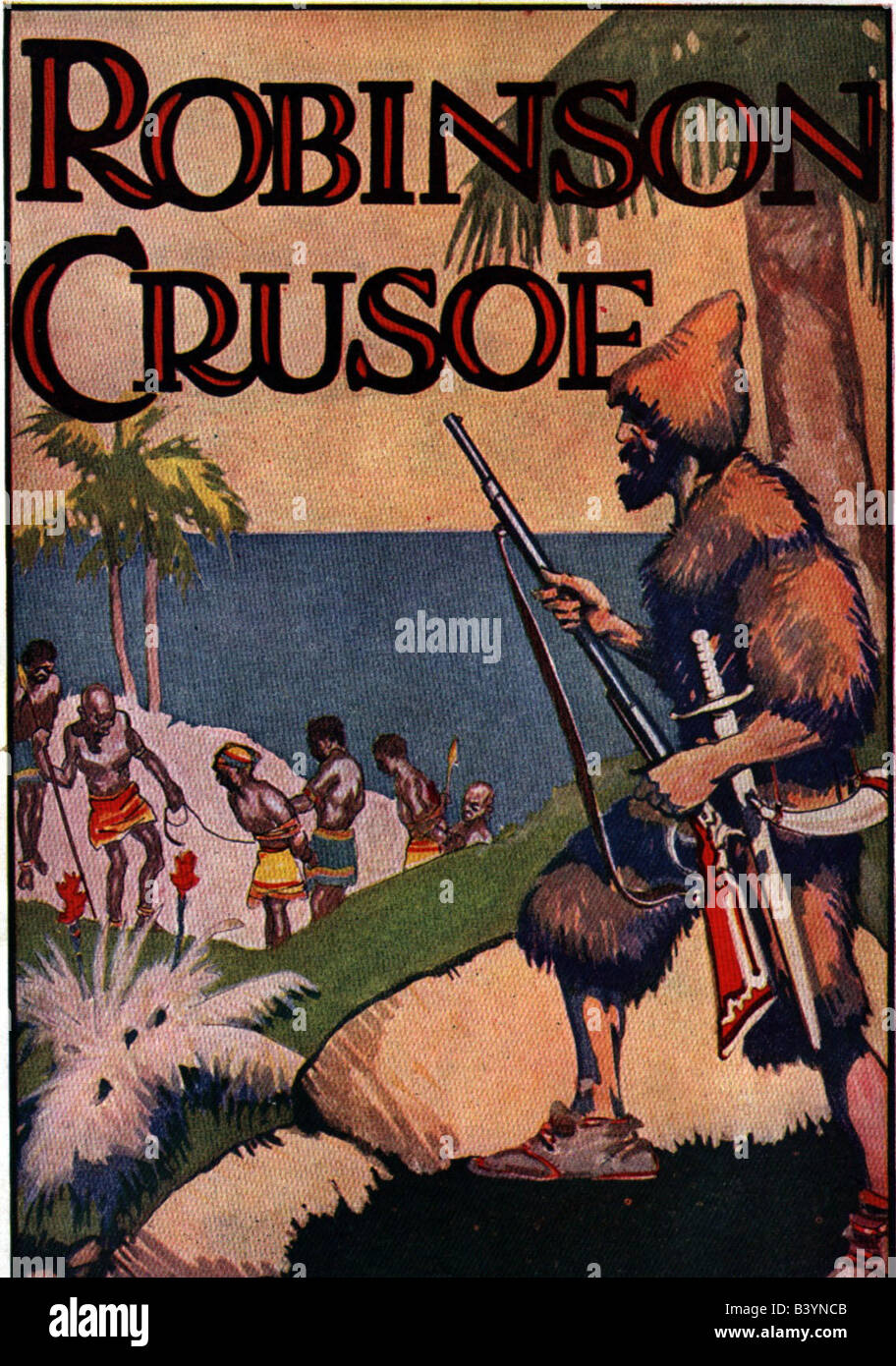 Defoe, Daniel (Foe), 1660 - 26.4.1731, English writer, his novel 'Robinson Crusoe', inside cover from collected edition 'Young Folk`s Mammoth Story Book', Goldsmith, Cleveland, Ohio, circa 1920, Stock Photo