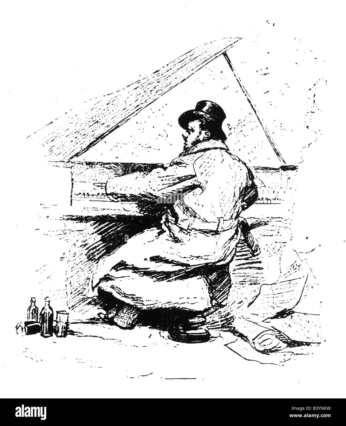 Chabrier, Alexis Emanuel, 18.11841 - 13.9.1894, French composer, caricature, at the piano, drawing by Detaille, 19th century, , Stock Photo