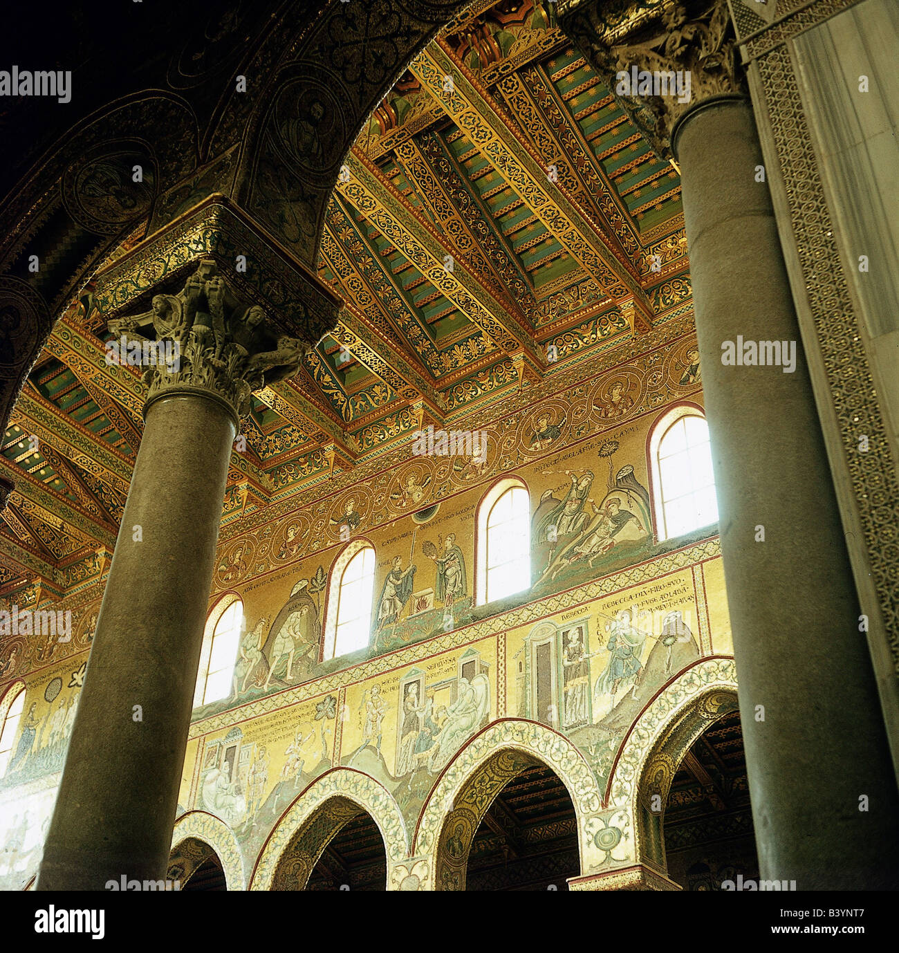 geography / travel, Italy, Sicily, Monreale, church, church, cathedral Santa Maria La Nuova, built 1174 - 1189 AD, under King Wilhelm II. of Sicily, interior view, columns and mosaics, mixture of byzantine, arabian and norman architecture, Middle Ages, historical, historic, ancient, fine arts, mosaic, column, capital, window, round arch, Romance church, medieval, Stock Photo