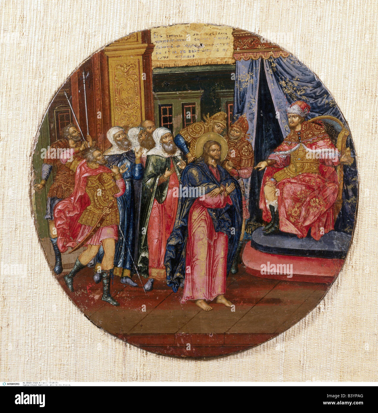 fine arts, religious art, Jesus Christ, passion, before Pontius Pilate, painting, icon, Crete school, 16th century, Private Coll Stock Photo