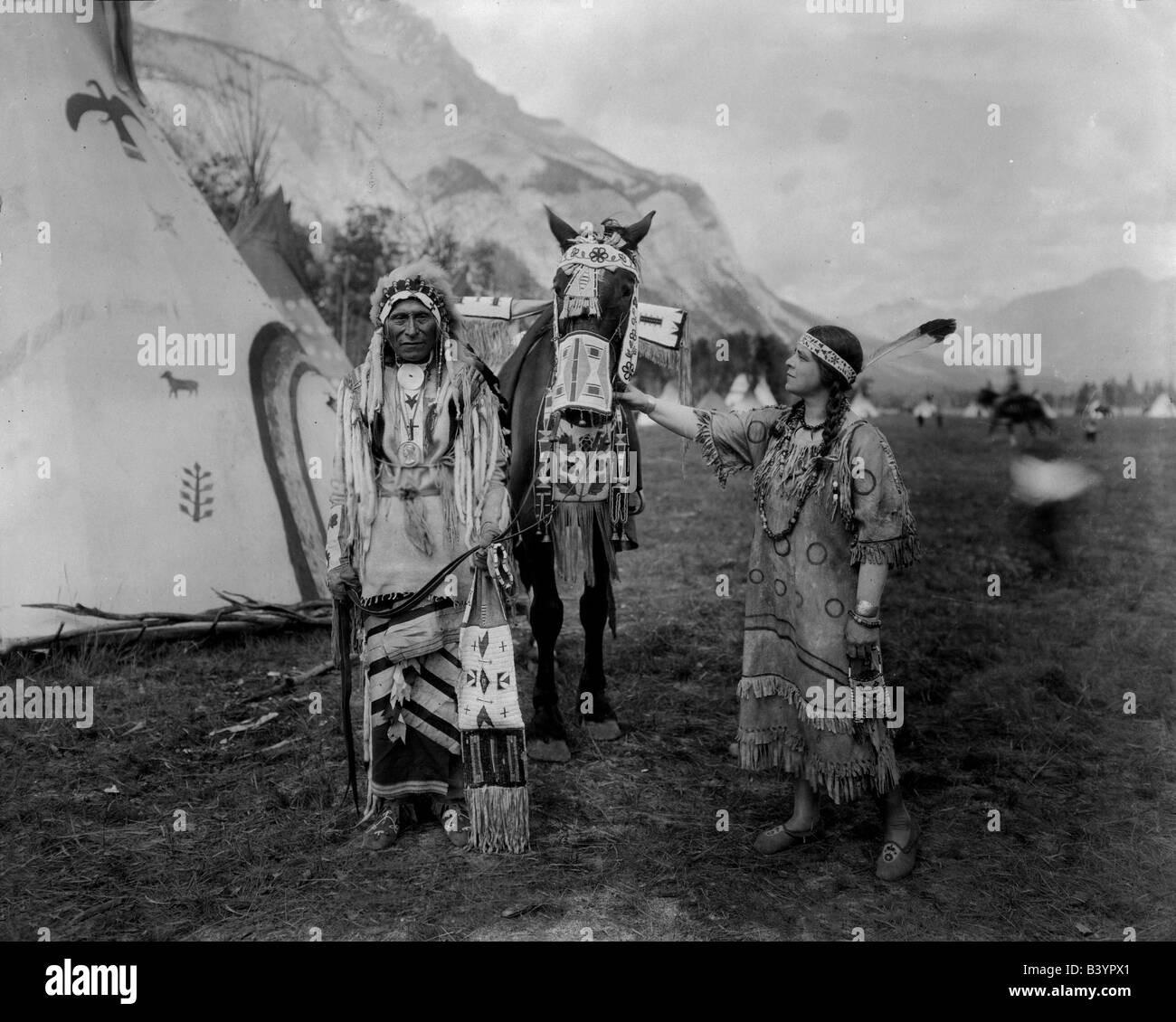 geography / travel, Canada, people, Indians, Indian chief Hector Crawler, with Juliette Gauthier, Indian Days, Banff, Alberta, July 1927, Stock Photo