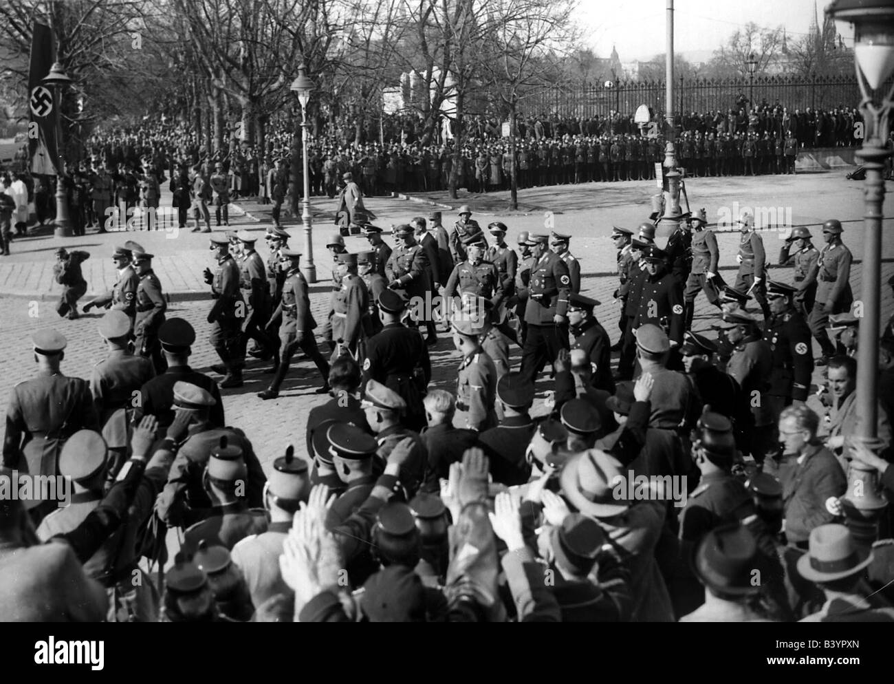 Nazism / National Socialism, politics, annexation of Austria 1938, Adolf Hitler going to the military parade, Heldenplatz, Vienna, 15.3.1938,  Nazi Germany, Third Reich, Anschluss, occupation, officers, Wehrmacht, Bundesheer, 20th century, historic, historical, people, 1930s, Stock Photo