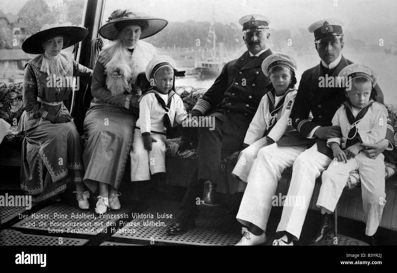 William II, 27.1.1859 - 4.6.1941, German Emperor 15.6.1888 - 9.11.1918, full length, with his children and grand sons on bord of the yacht 'Hohenzoller', picture postcard by Th. Juergensen, Kiel, 1912, , Stock Photo