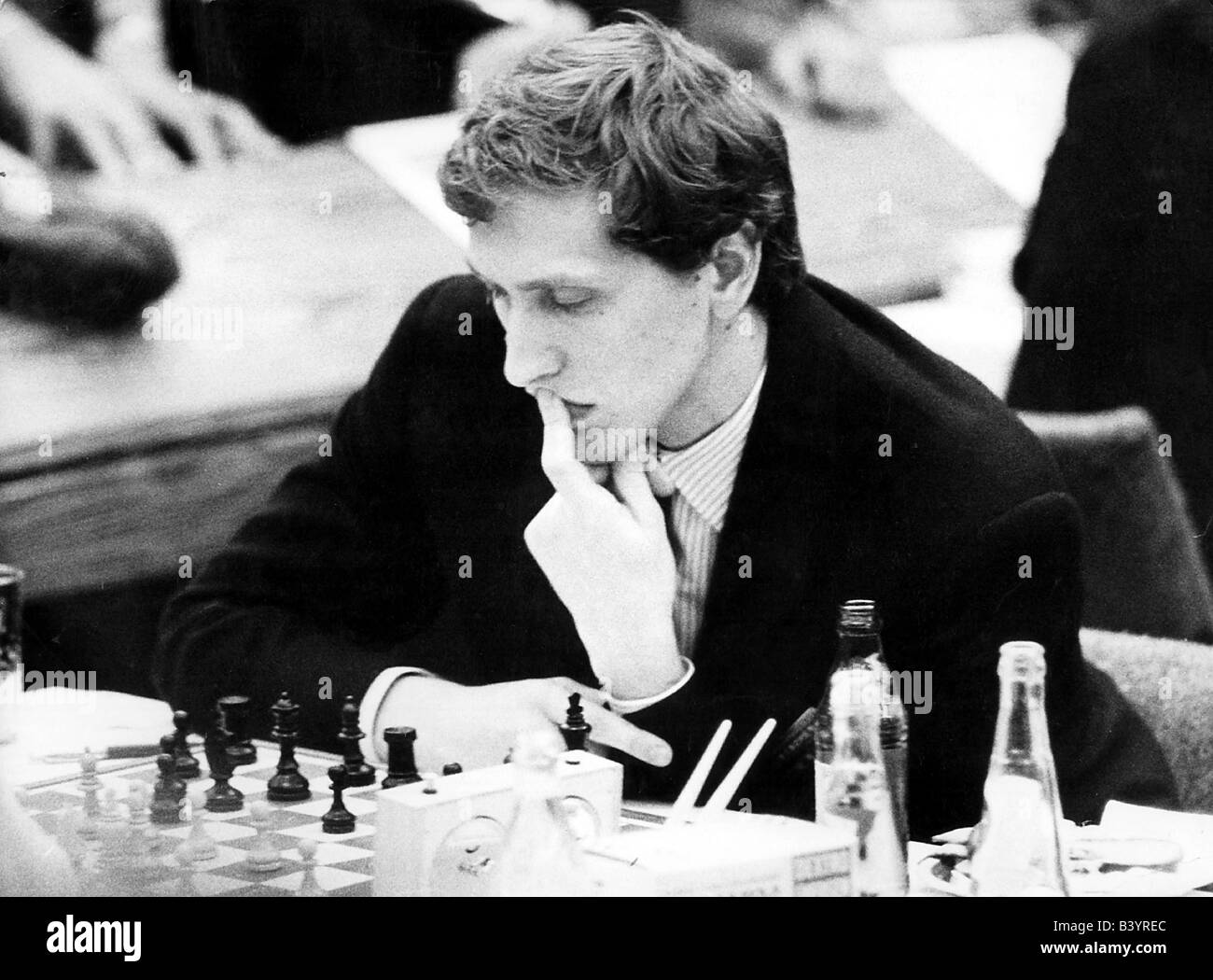 Closeup portrait of Bobby Fischer before match vs Boris Spassky