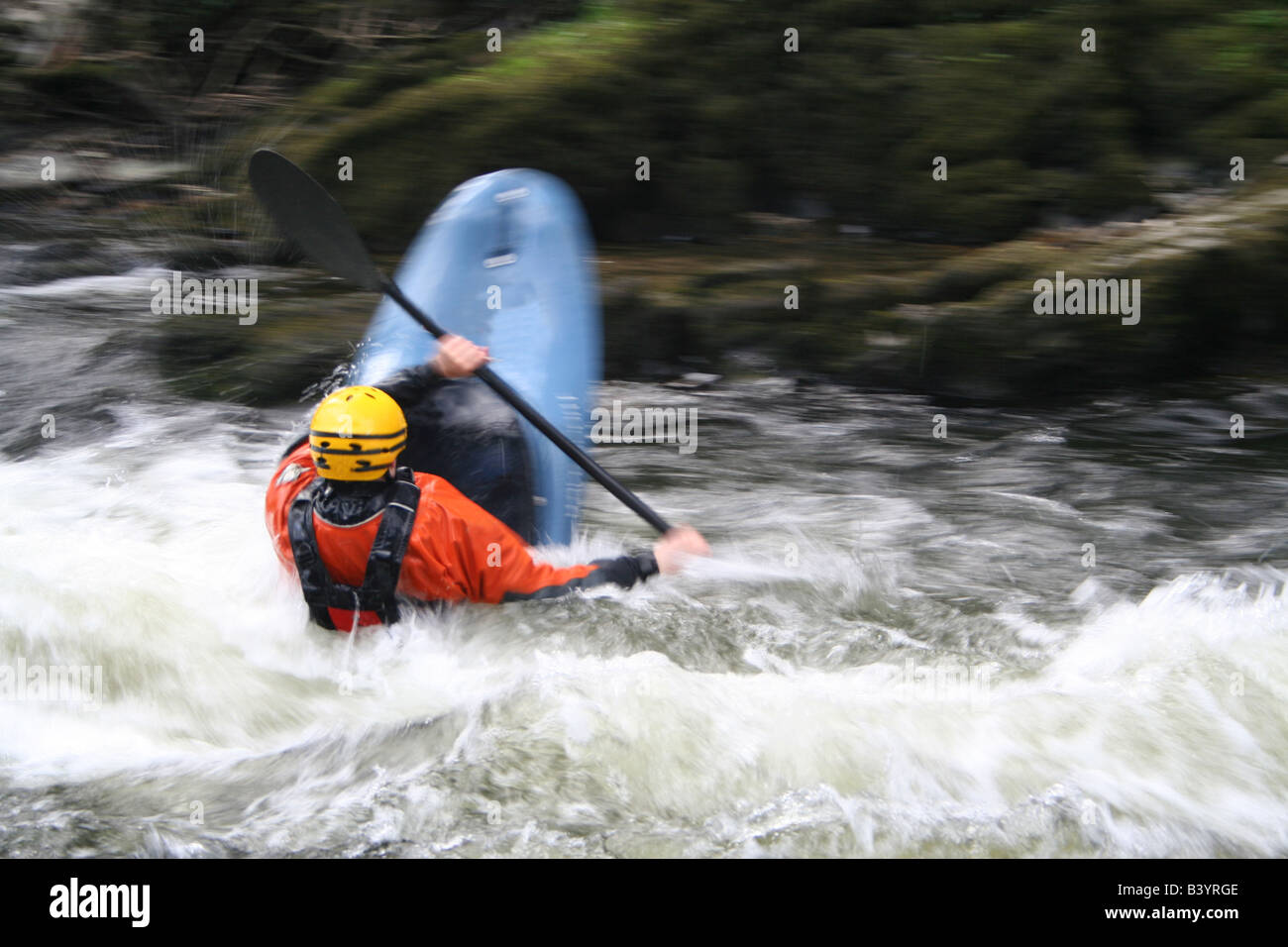 A kayaker playboating on the river Teifi Stock Photo