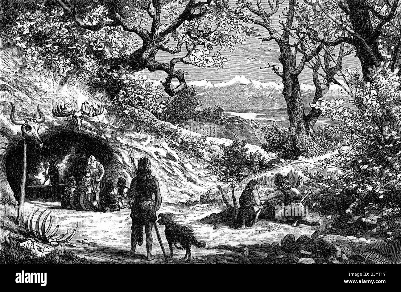 aeon / prehistory, people, prehistoric men, stone age, everyday life of a family, engraving, 19th century, historic, historical, sapient, cave man, cooking, prey, Stock Photo