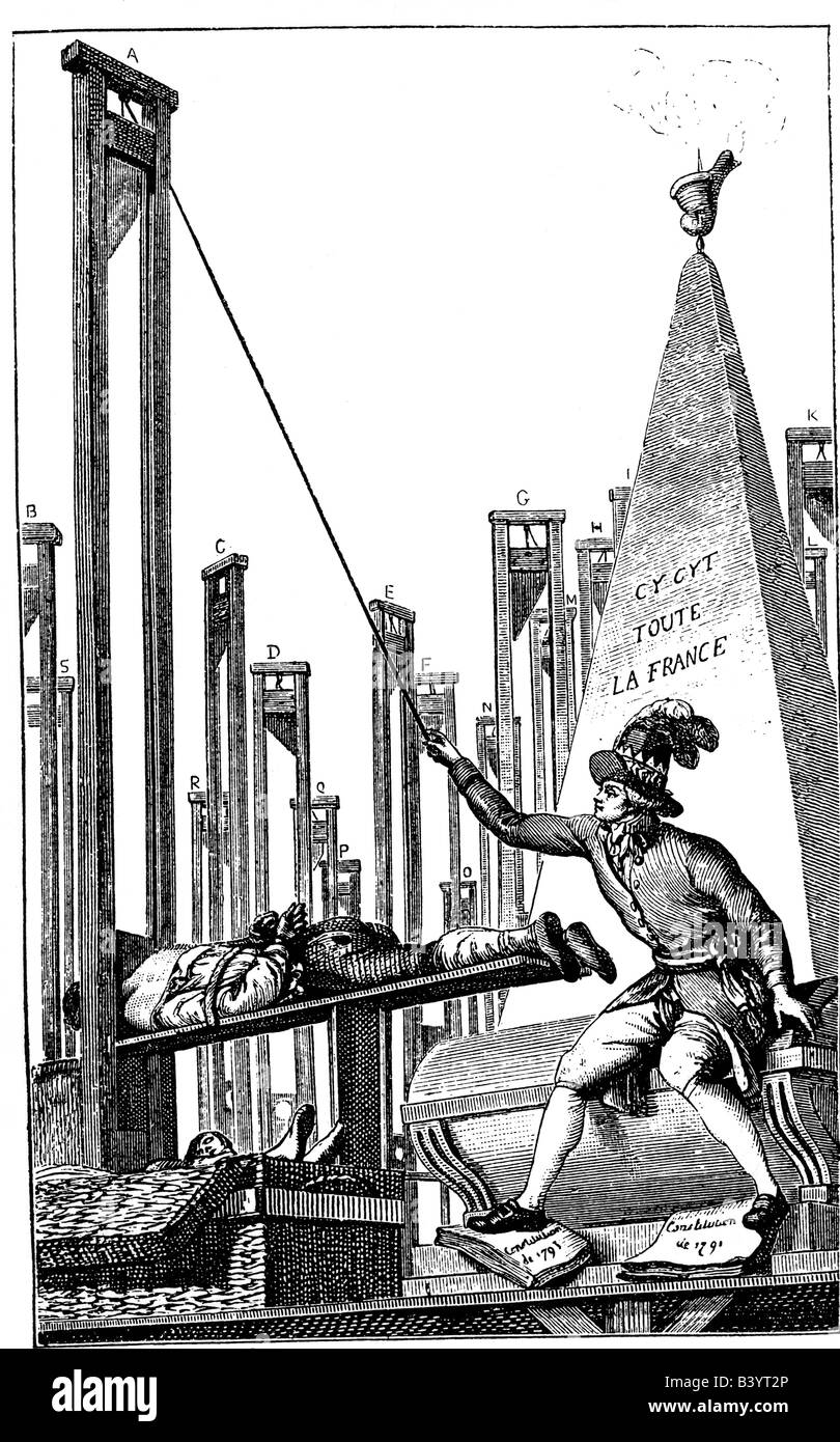 Robespierre, Maximilien de, 6.5.1758 - 28.7.1794, French politician, cartoon, Robespierre is executing the executor, handbill, reprint, facsimilie, late 18th century, Stock Photo