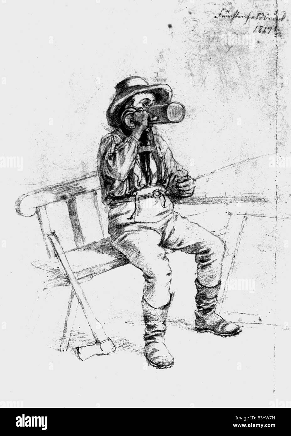 alcohol, beer, 'Drinking farmer from Fuerstenfeldbruck', drawing by Lorenz Quaglio the Younger, 1867, , Stock Photo
