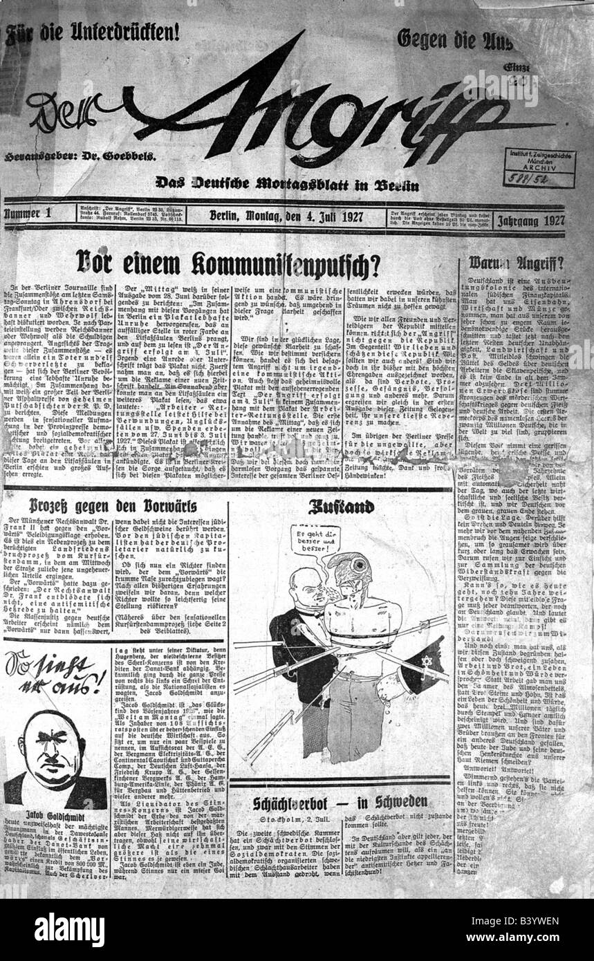 National Socialism, Propaganda, press, 'Der Angriff', No. 1, Berlin 4.7.1927, (published by Joseph Goebbels), headline 'Before communists putsch?', Stock Photo