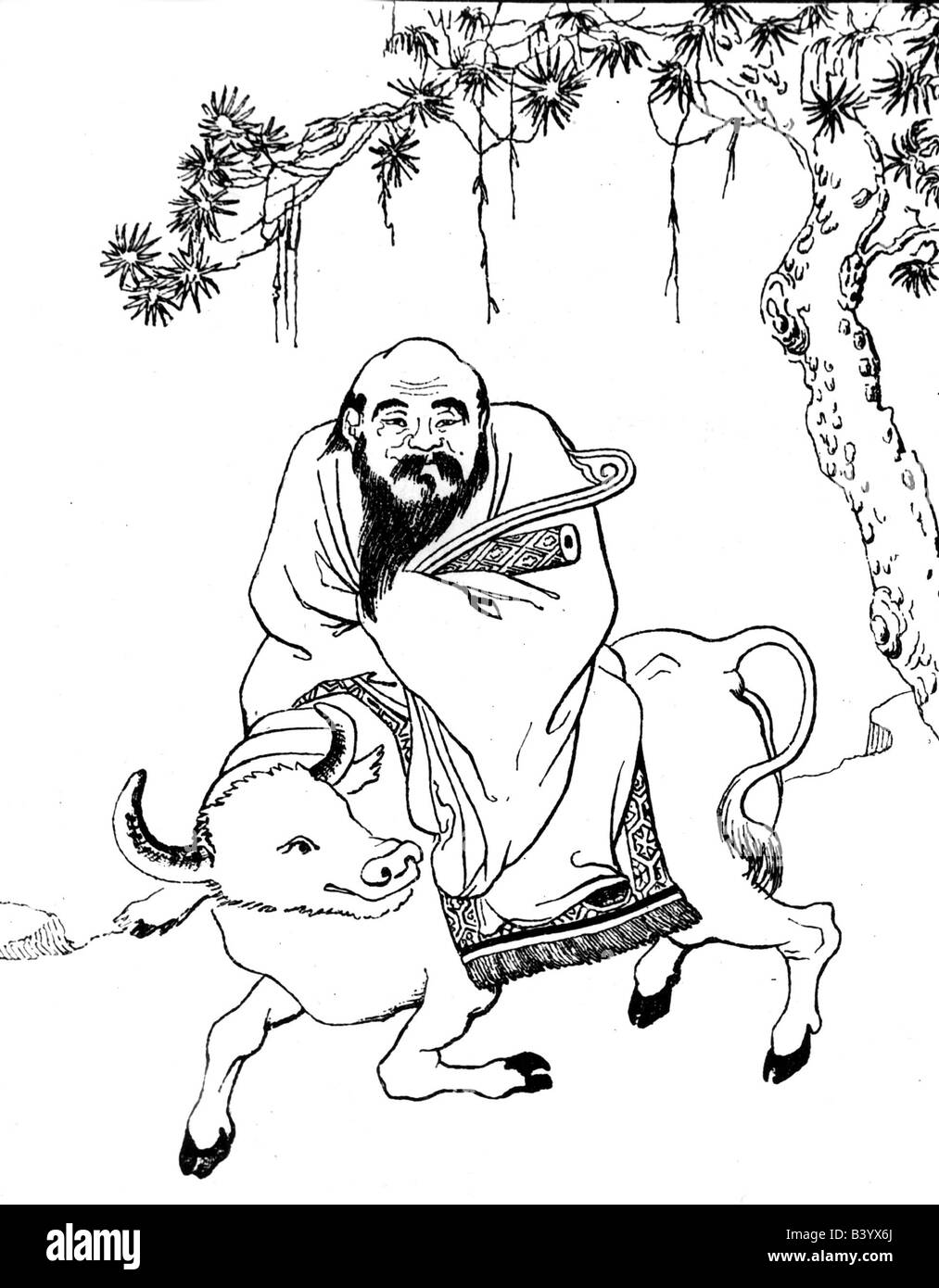 Laotse, 300/400 BC, Chinese philosopher, founder of Taoism, riding on buffalo, painting by Chao Po Chü, China ink on paper, middle of 12th century, Sung Dynastie, Stock Photo