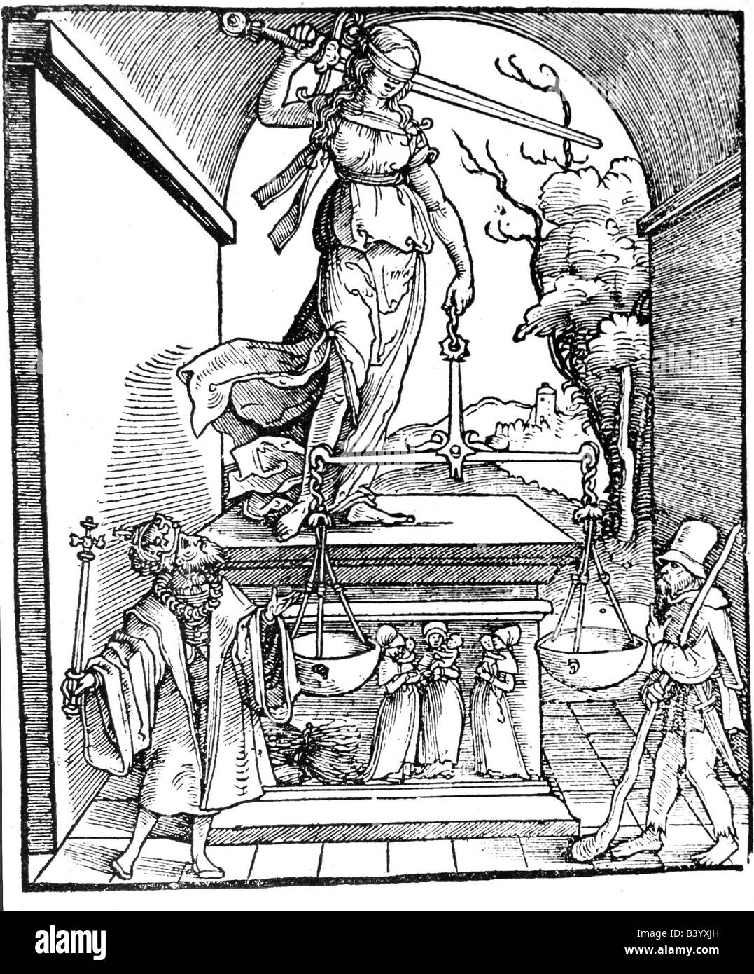 Justitia, Roman goddess of justice, cover 'Entfernungen der Statuten der Reichstadt Worms' Frankfurt 1531, ('moving of bylaws of Worms' Frankfurt Germany 1531, , Stock Photo
