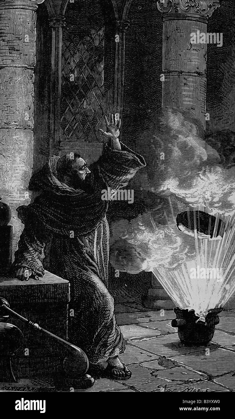 Schwarz, Berthold, German clergyman, alleged inverntor of gunpowder, 1353 or 1359, engraving, 19th century, friar, monk, alchemy, explosion, , Stock Photo