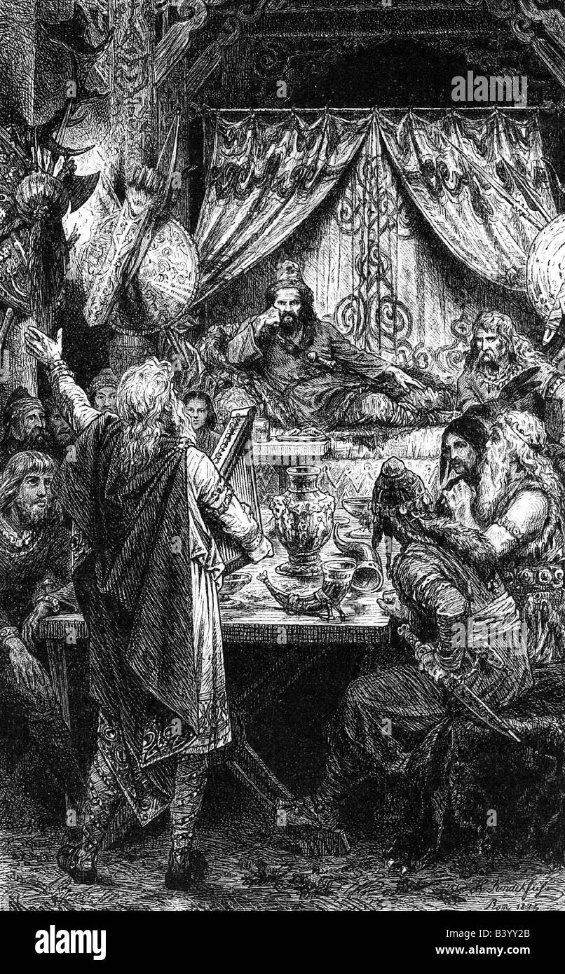 Attila, the Hun, 433 - 453, banquet, engraving, 19th century, eating, Etzel, carousal, singing, singer, drinking vesel, , Stock Photo