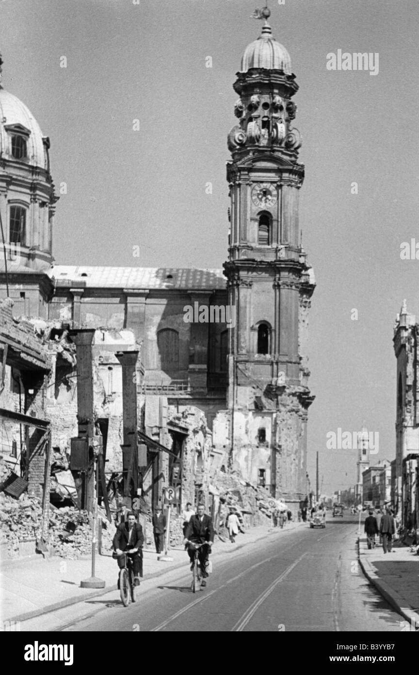 geography / travel, Germany, Munich, churches, Theatinerkirche, destroyed after WWII, 1949, Stock Photo