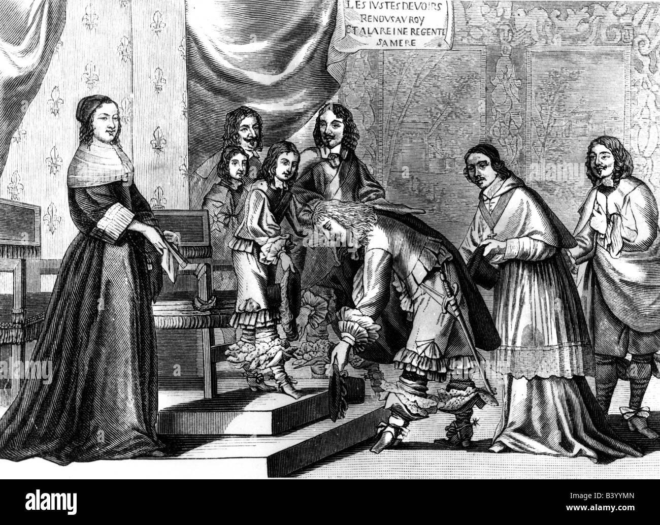 Louis XIV, King of France 14.5.1643 - 1.9.1715, arrival in Paris 1649, received by the court, copper engraving by Jean Humbelot, 17th century, , Artist's Copyright has not to be cleared Stock Photo