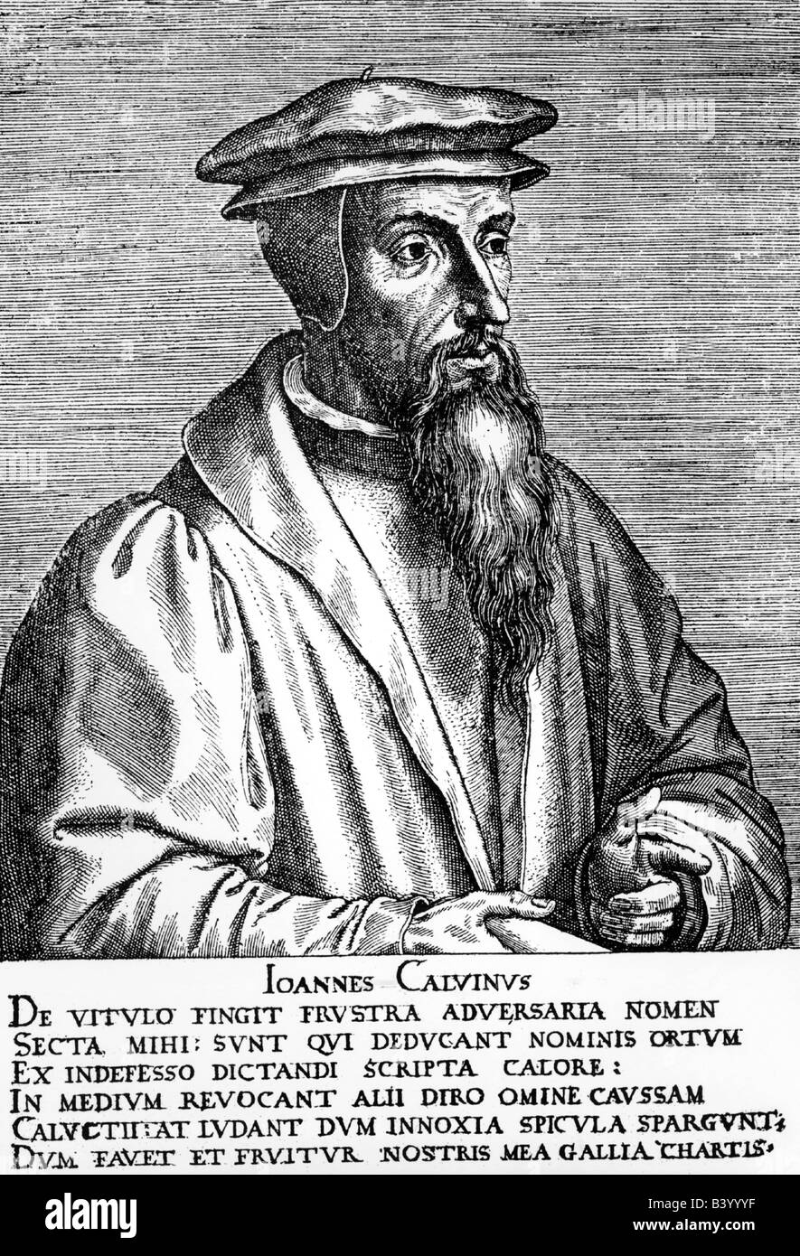 Calvin, John, 10.7.1509 - 27.5.1564, French Reformator, half length, woodcut, 16th century, , Stock Photo