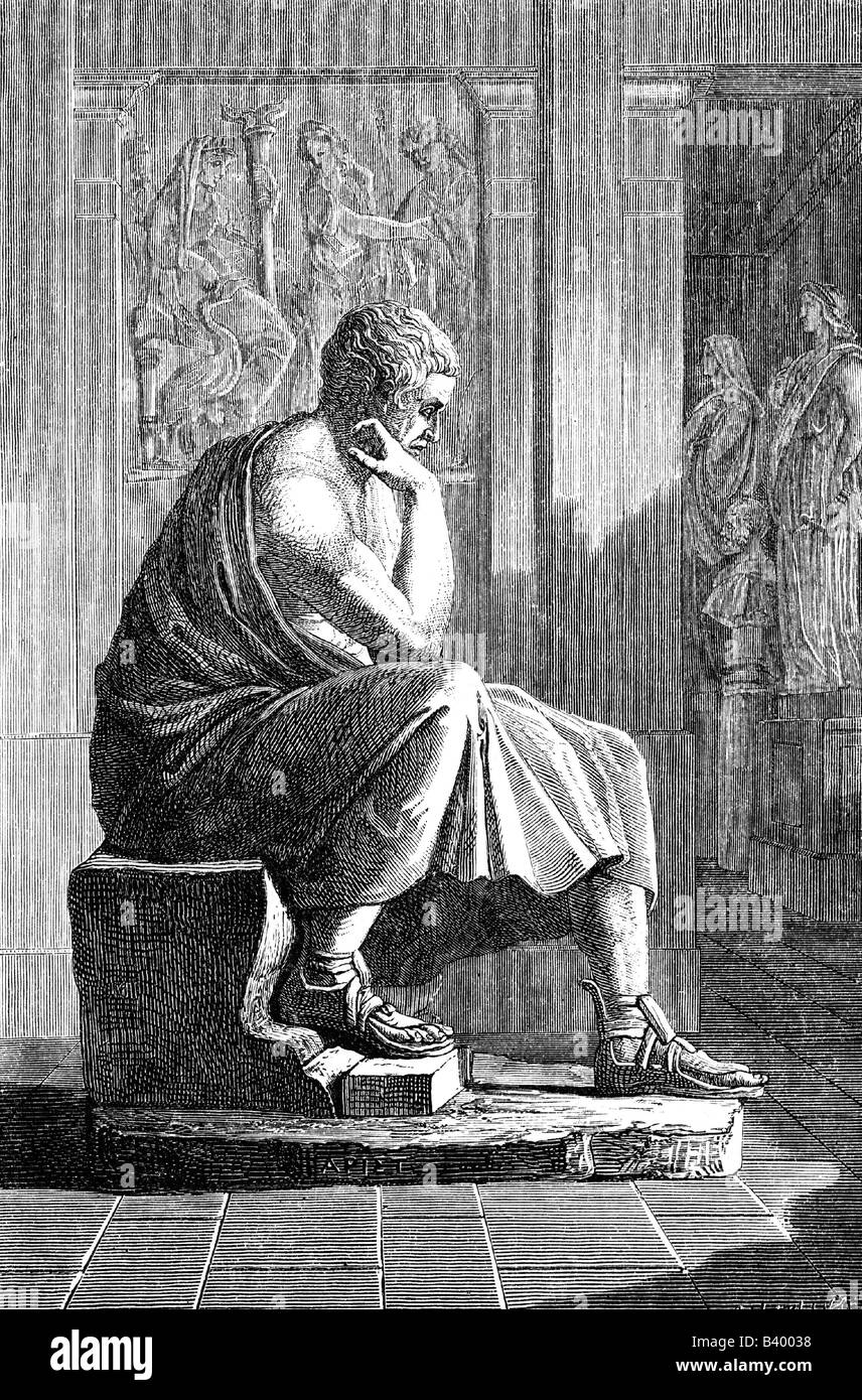 Aristotle, 384 - 322 BC, Greek philosopher, full length, ancient statue, Palazzo Spada, Rome, wood engraving by Charles Laplante after drawing by Kreuzberger, 2. half 19th century, , Stock Photo