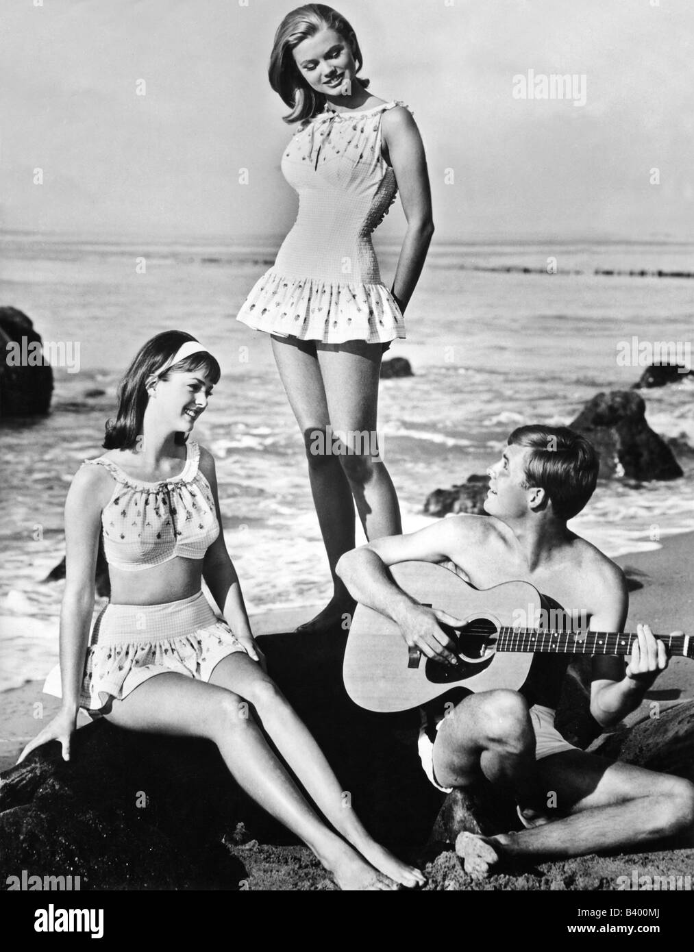 people, youth / teenager, group of teenagers on beach, 1965, , Stock Photo