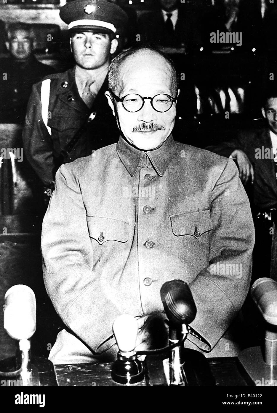 Tojo, Hideki, 30.12.1884 - 23.12.1948, Japanese general and politician, sitting in the dock, during International Military Tribunal for the Far East, Tokyo, 12.11.1948, Stock Photo