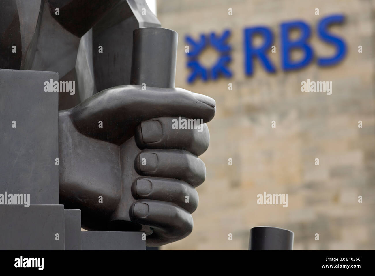 Royal Bank of Scotland offices in Edinburgh at Gogarburn - sculpture with fist Stock Photo