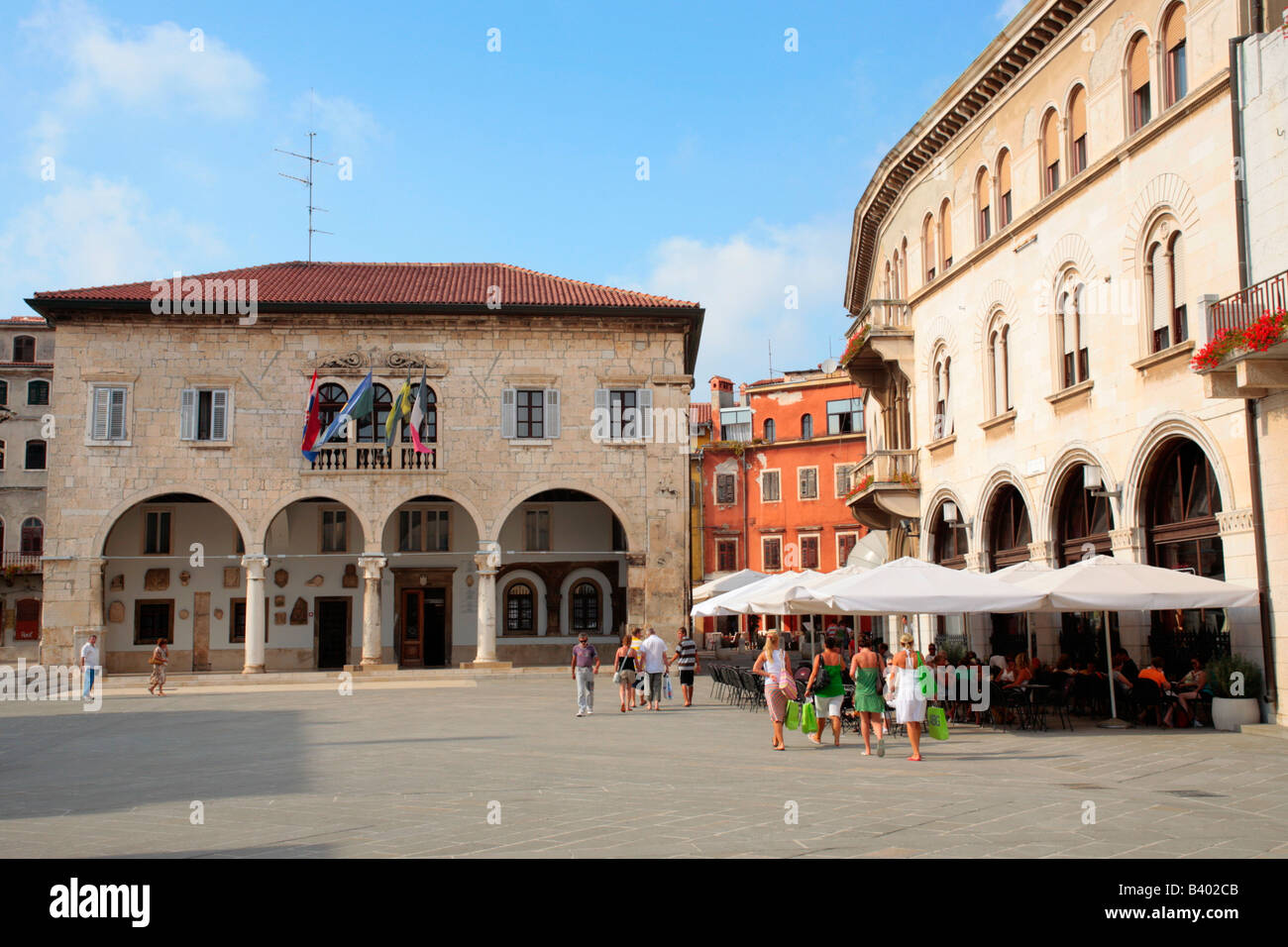 main square and town hall in Pula in Istria, Republic of Croatia, Eastern Europe Stock Photo
