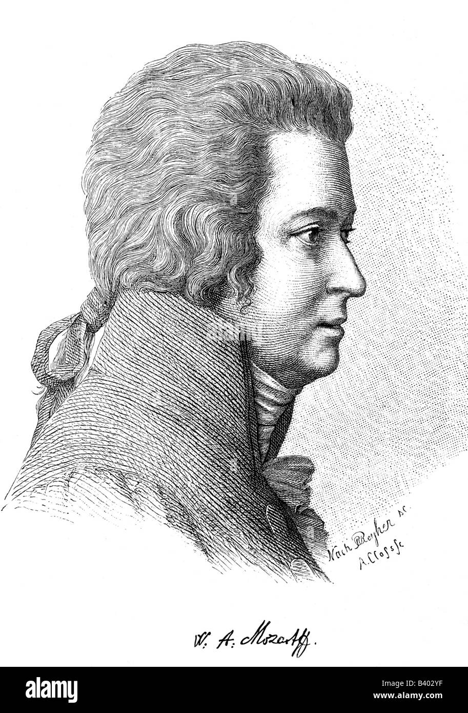 Mozart, Wolfgang Amadeus, 27.1.1756 - 5.12.1791, Austrian composer, portrait, wood engraving by Adolf Closs (1846 - 1894), Stock Photo