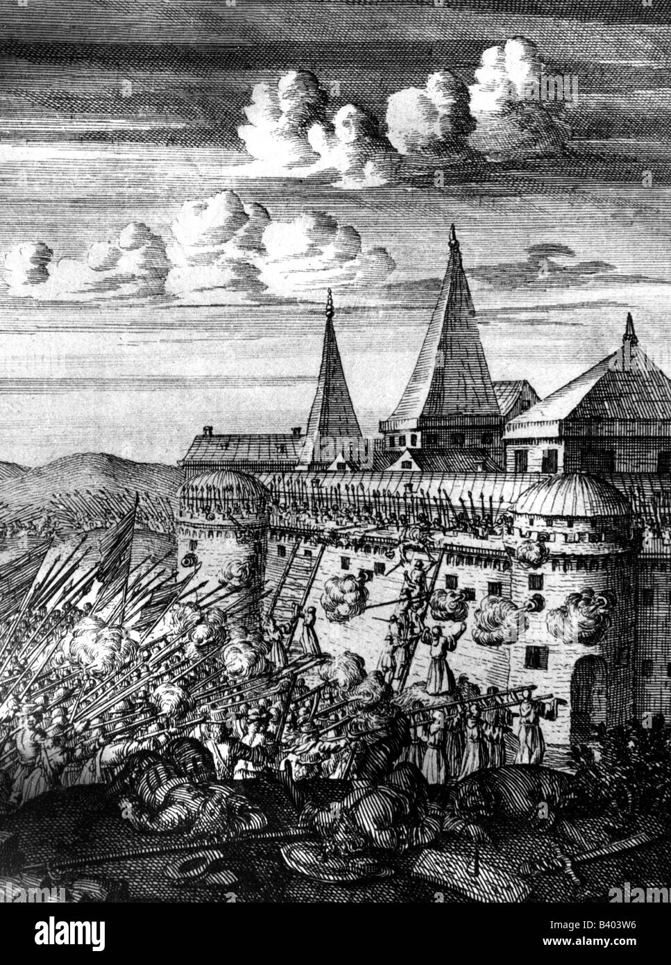 transport / transportation, navigation, pirates, attack of Bristish pirates under Henry Morgan at Portobello, Panama 1668, approaching with ladders, copper engraving, 1678, Central America, 17th century, battle, escalade, scaling ladder, Spaniards, Spanish fortress, fort, Englishmen, fire, combat, canonball, landside, CEAM, historic, historical, pirate, people, Stock Photo