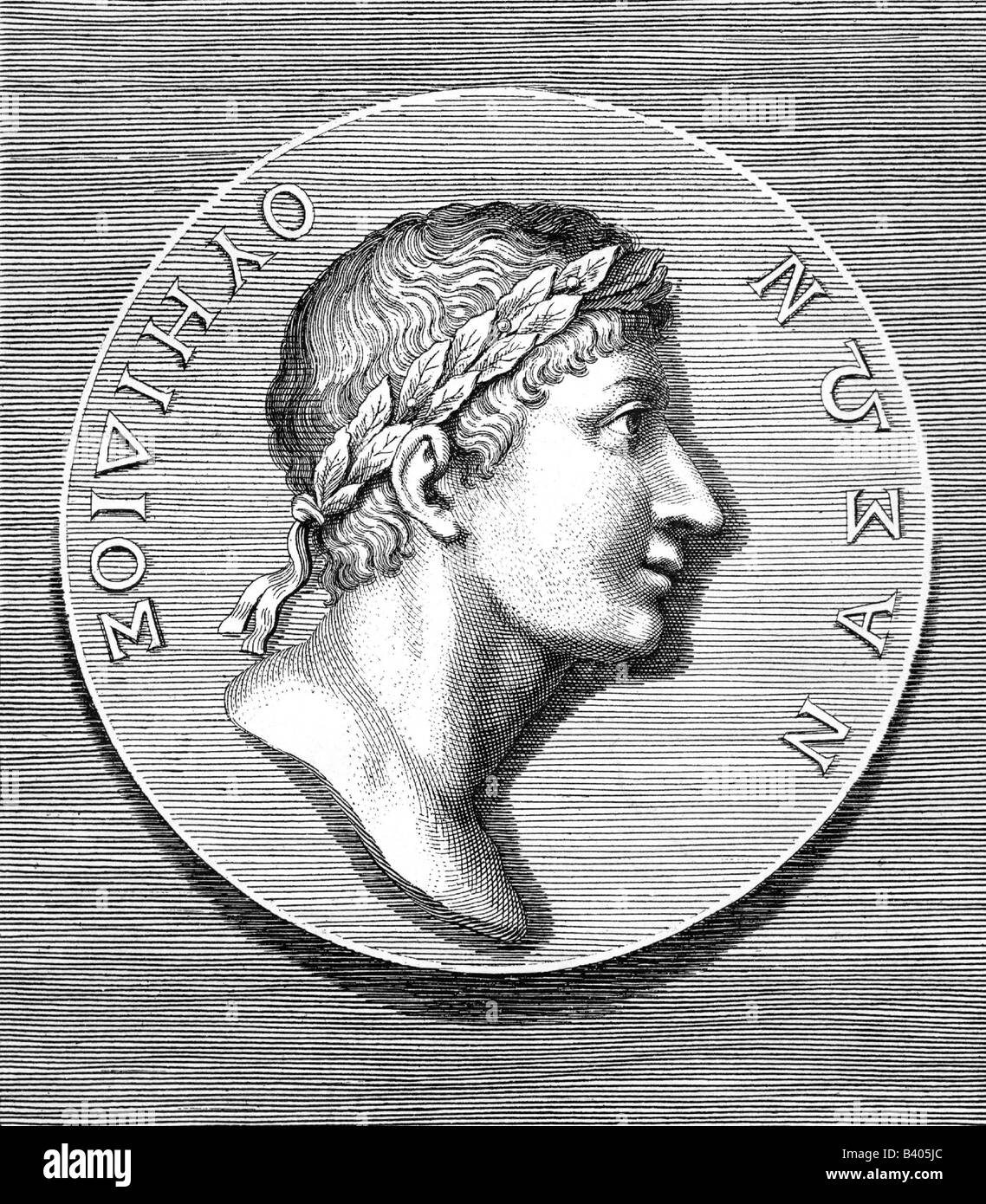 Ovid (Publius Ovidus Naso), 43 BC - 9 AD, roman author / writer, side face,  engraving, 19th century, after coin, laurel wreath , Stock Photo