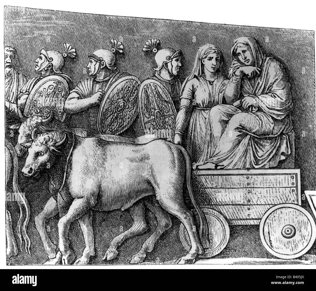 ancient world, Roman Empire, wars against Germanics, female captives, engraving after column of Emperor Marcus aurelius, errecte Stock Photo