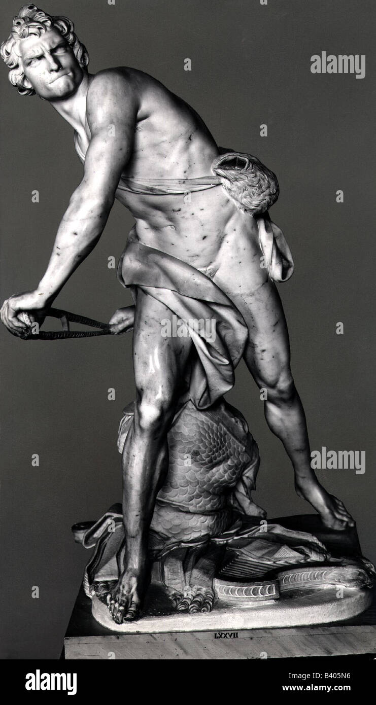 David, King of the Jews circa 1004 - 965 BC, sculpture by Gianlorenzo Bernini, 1623 / 1624, Galleria Borghese, Rome, Stock Photo