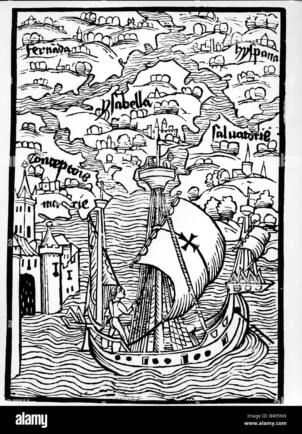 Columbus, Christopher, 1451 - 20.5.1506, Italian explorer, arriving in Hispaniola, 1492, contemporary woodcut, Basel, 1492, Stock Photo