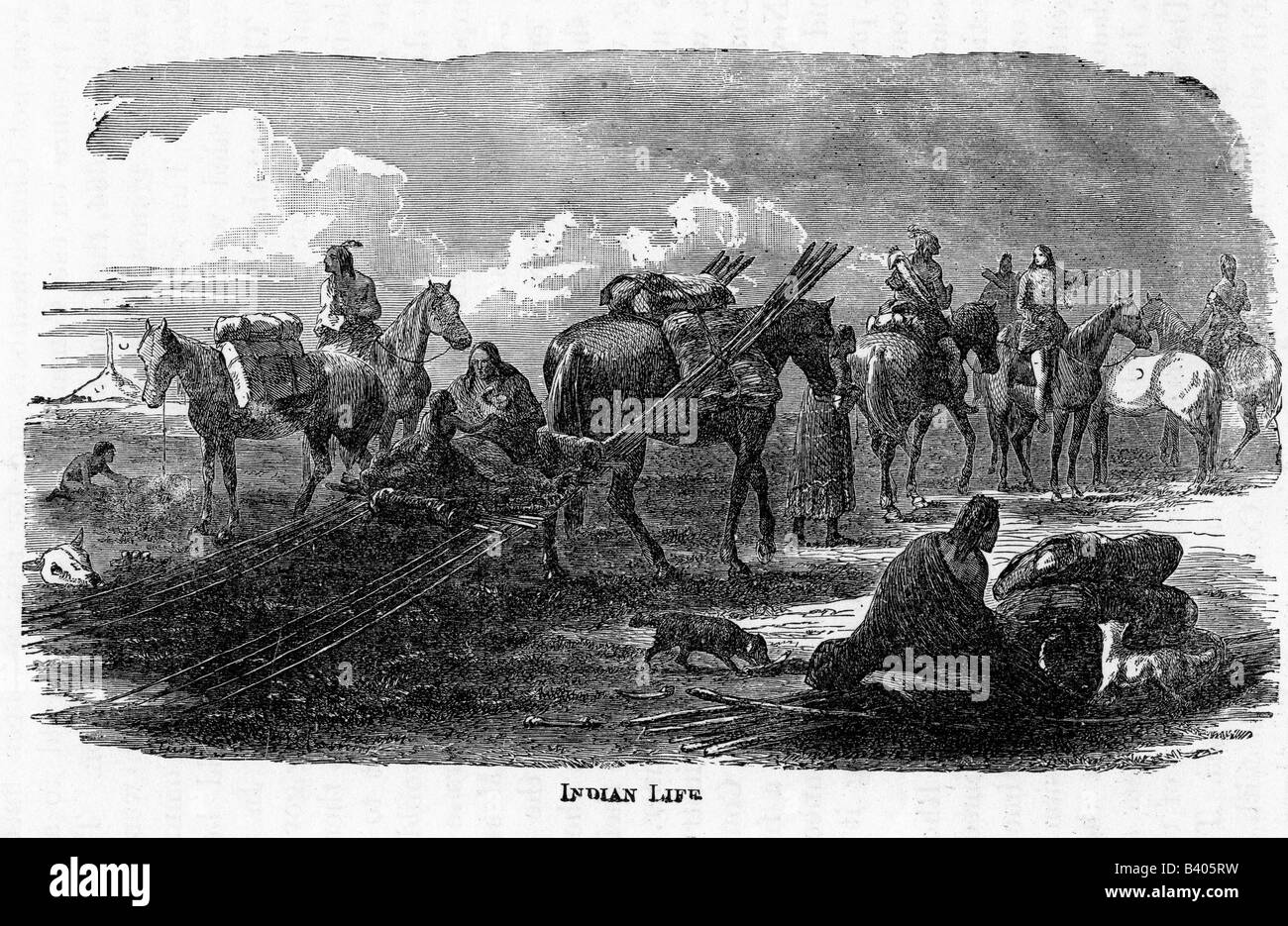geography/travel, USA, people, Native Americans, transport, family moving, engraving, 19th century, American Indians, North America, historic, historical, Stock Photo