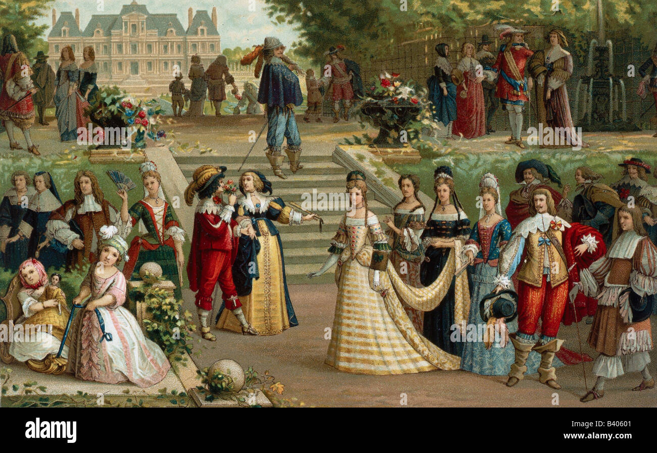 fashion, 17th century, courtly fashion, France, 17th century, engraving by Nordmann after painting by Legrand, 19th century, French court, courtiers, historic, historical, people, Stock Photo