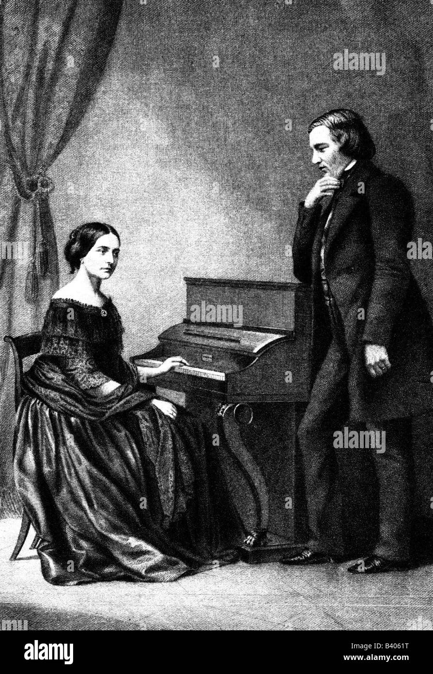 Schumann, Robert, 8.6.1810 - 29.7.1856, German composer, with wife Clara, wood engraving, 19th century, , Stock Photo