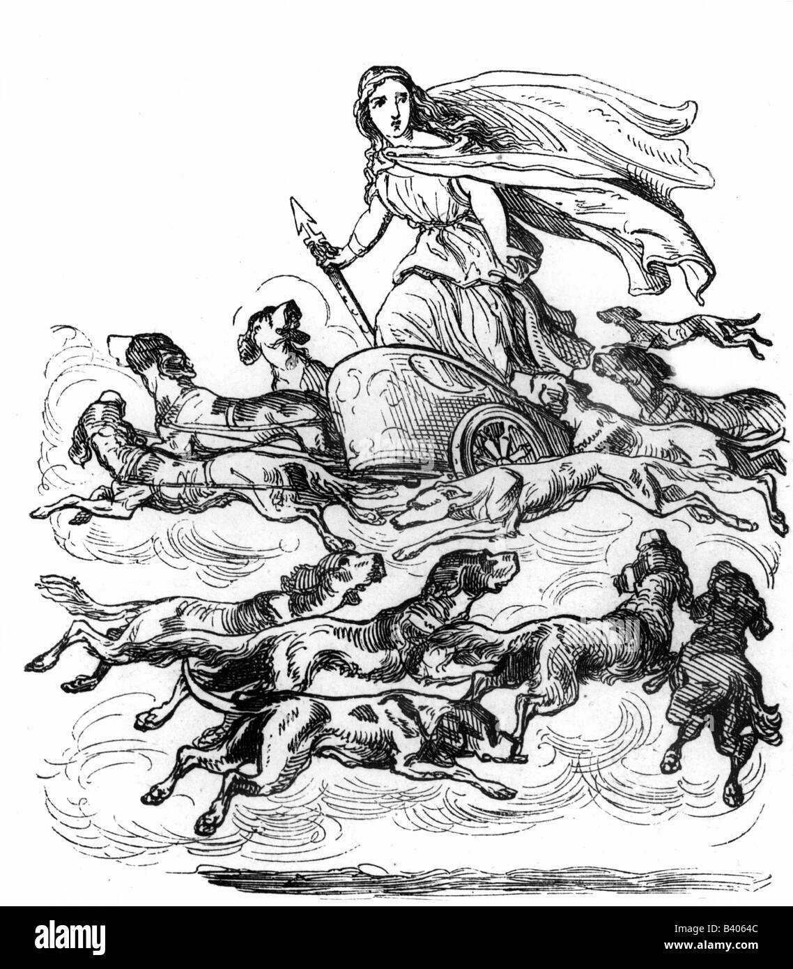 Frigg, Norse goddess, in the Wild Hunst, wood engraving after drawing by Ludwig Pietsch, Germany, 1873, , Stock Photo