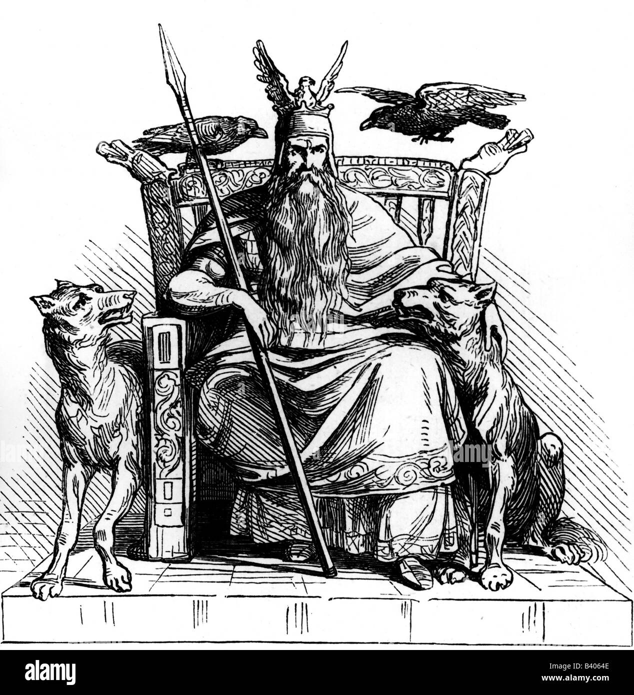 Odin (Wotan), highest god in Norse mythology, god of wisdom and war, sitting on throne, engraving, 1873, Stock Photo