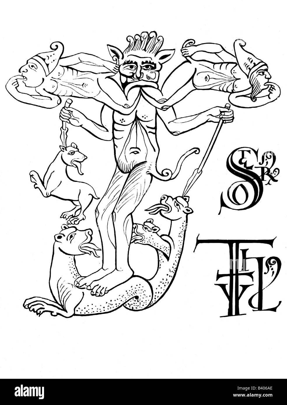 superstition, devil, death scroll of Abbot Vitalis of Savigny, miniature on vellum, 1122, Stock Photo