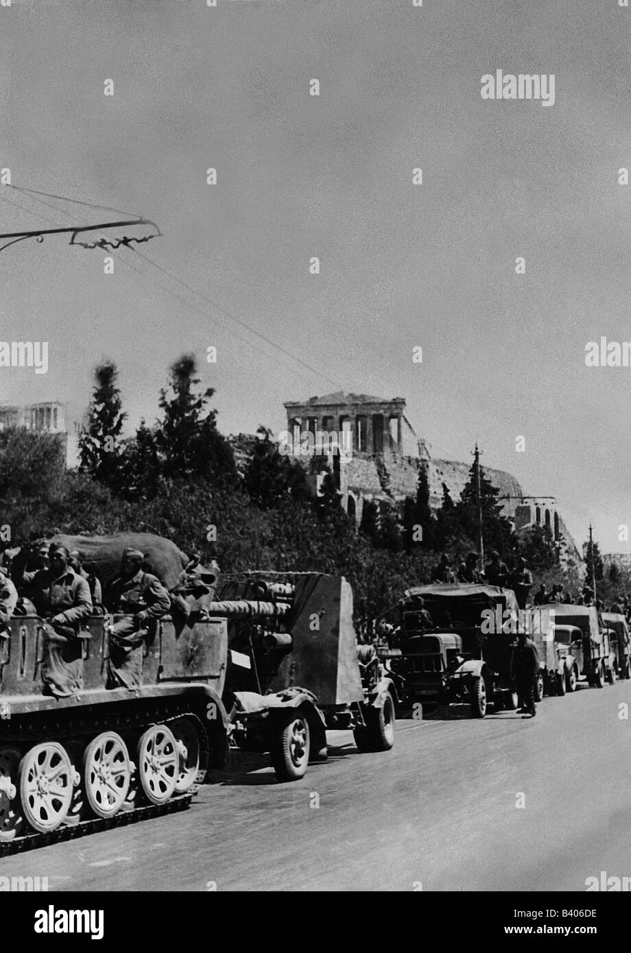 Second World War / WWII, Greece, Balkans Campaign 1941, German soldiers in Athens, column with 8,8 cm Flak, April 1941, Stock Photo