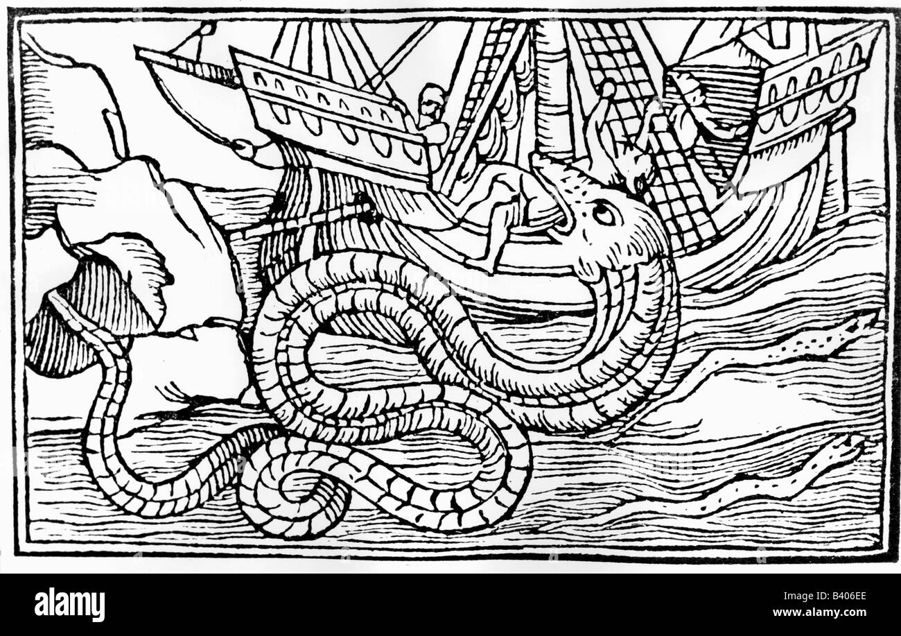superstition, mythical creatures, sea serpent, woodcut, 'Historia de gentibus septentrionalibus' by Olaus Magnus, Rome, 1555, , Stock Photo