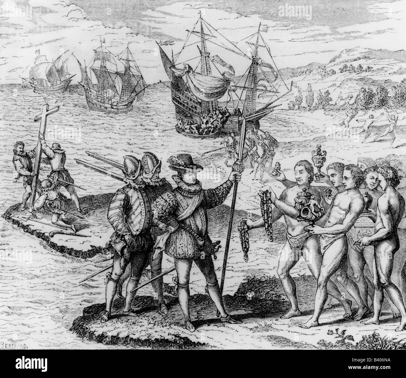 Columbus, Christopher, 1451 - 20.5.1506, Italian explorer, scene, arriving at Guanahani, 12.5.1492, , Stock Photo