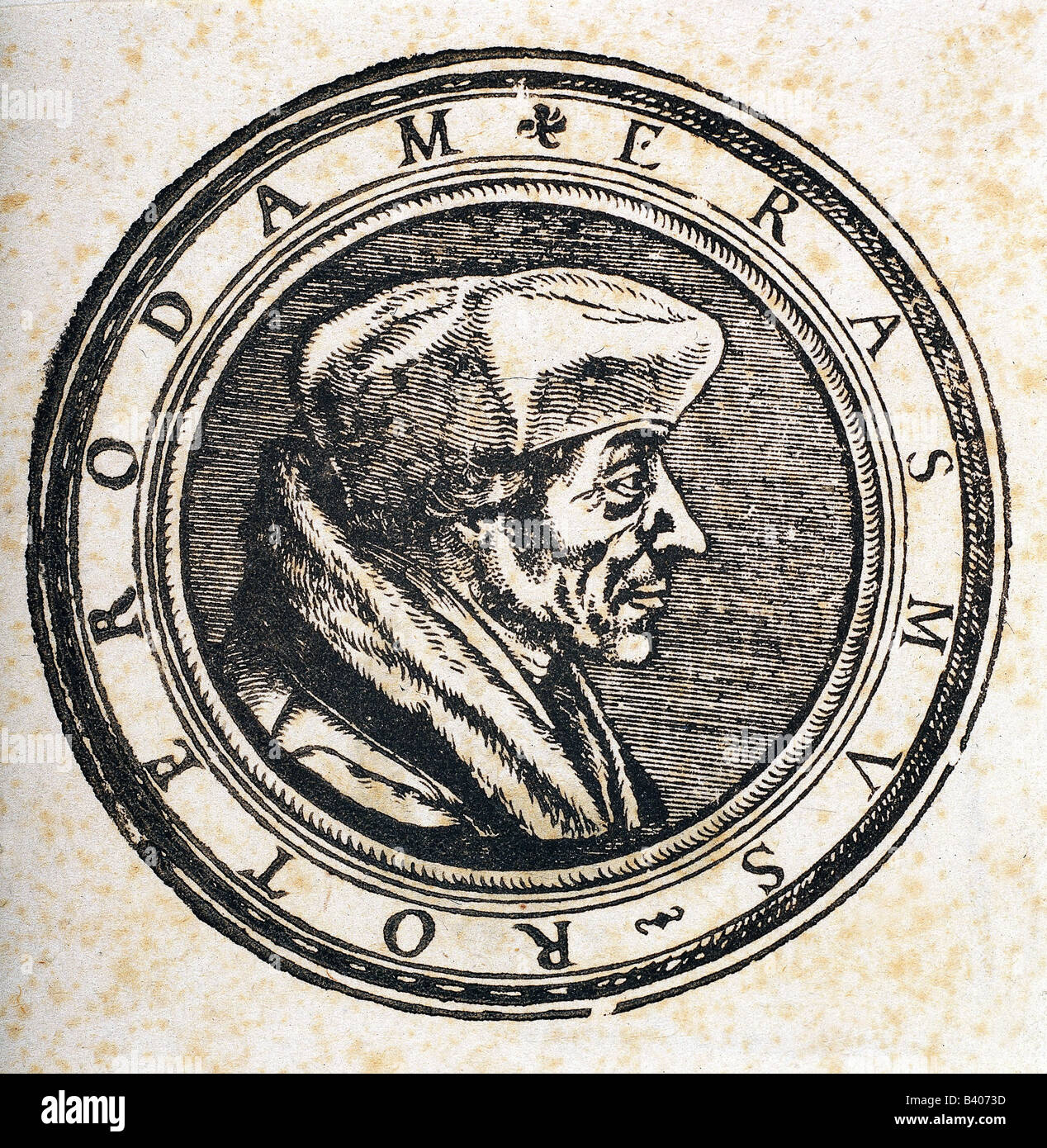Desiderius Erasmus Roterodamus, (Desiderius Erasmus of Rotterdam), 27.10.1469 - 12.7.1536, Dutch humanist and theologian, portrait, copper engraving after drawing by Hans Holbein the Younger (1497 - 1543), picture of medal, circa 1520, from original by K. Kupferstichkabinett, Berlin, Germany, Artist's Copyright has not to be cleared Stock Photo