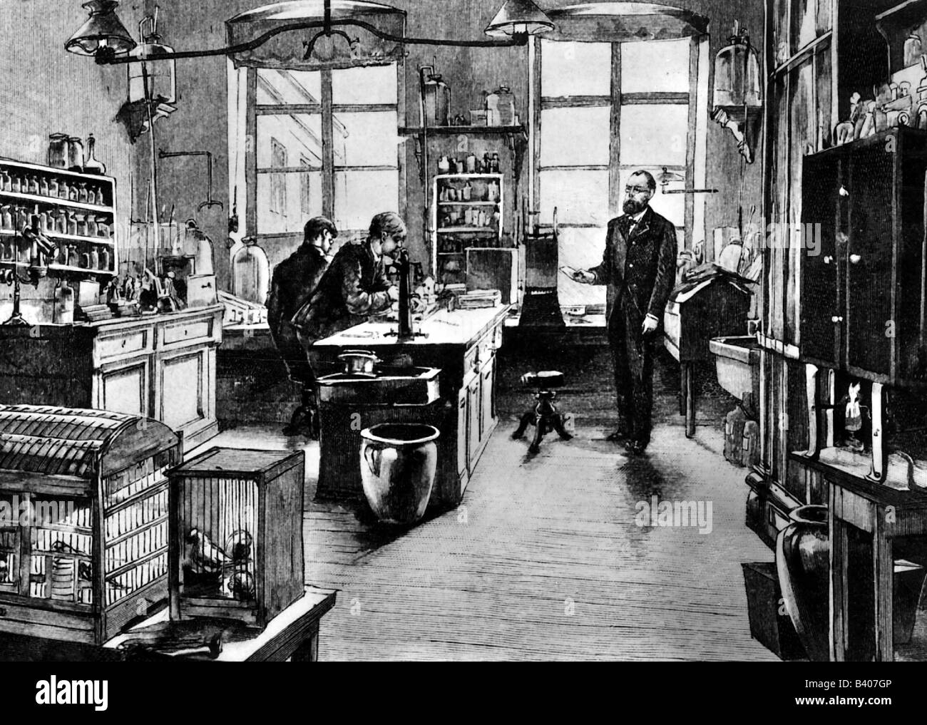 Koch, Robert, 11.12.1843 - 27.5.1910, German scientist (physician), in his laboratory, engraving, circa 1900, Stock Photo