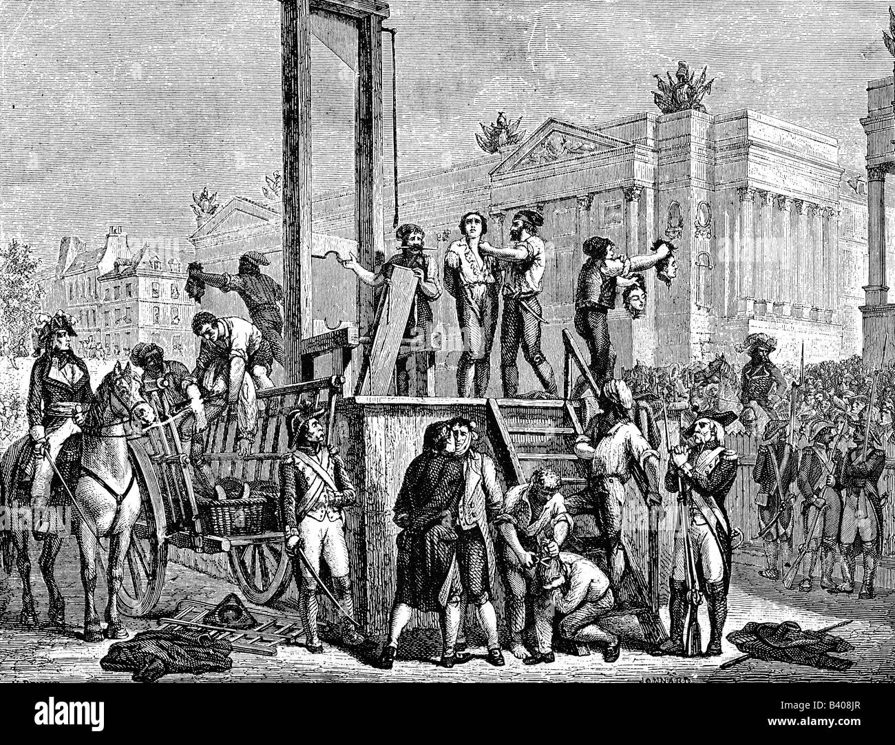 Robespierre, Maximilien de, 6.5.1758 - 28.7.1794, French politician, his execution with the Guillontine, Place de la Revolution, 28.7.1794, wood engraving von H. Renaud, 19th century, Stock Photo