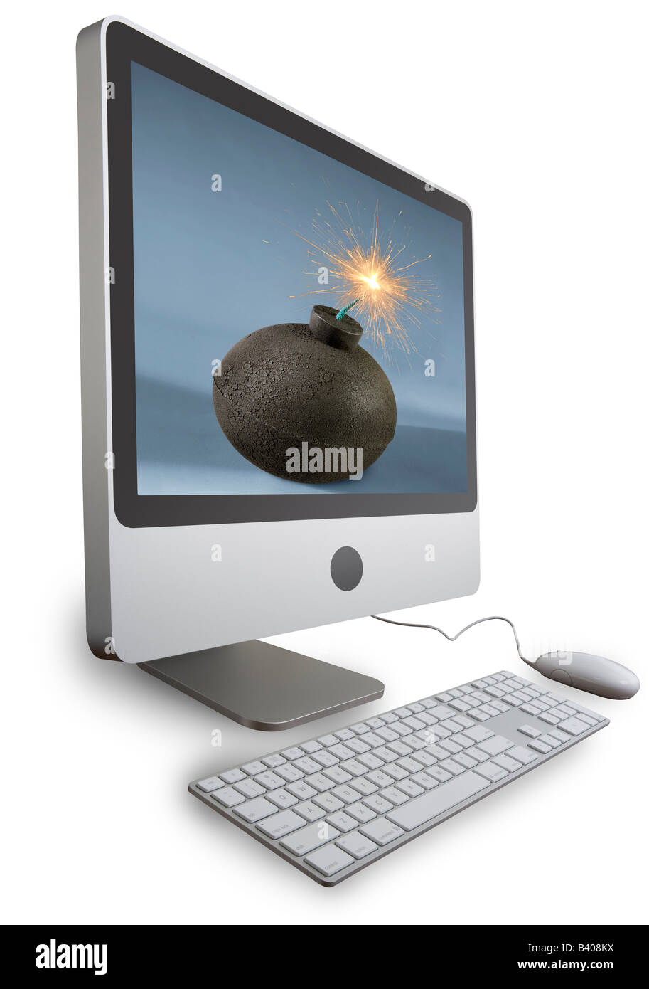 A modern flat screen computer with a round bomb and a lit fuse. This is a silo with two paths included  - screen and everything. Stock Photo