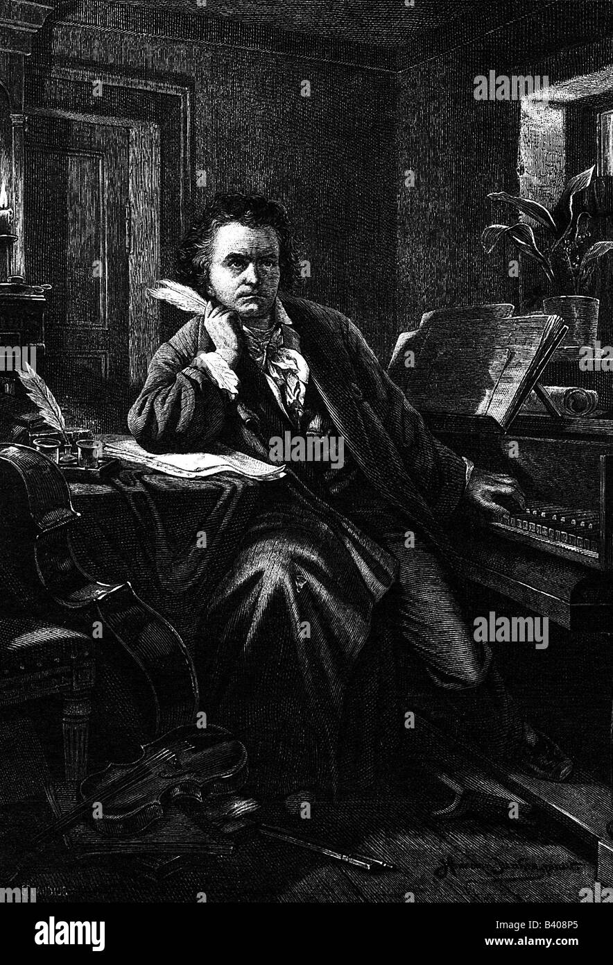 Beethoven, Ludwig van, 17.12.1770 - 26.3.1827, German composer, at work, engraving after painting by Hermann Junker, Artist's Copyright has not to be cleared Stock Photo