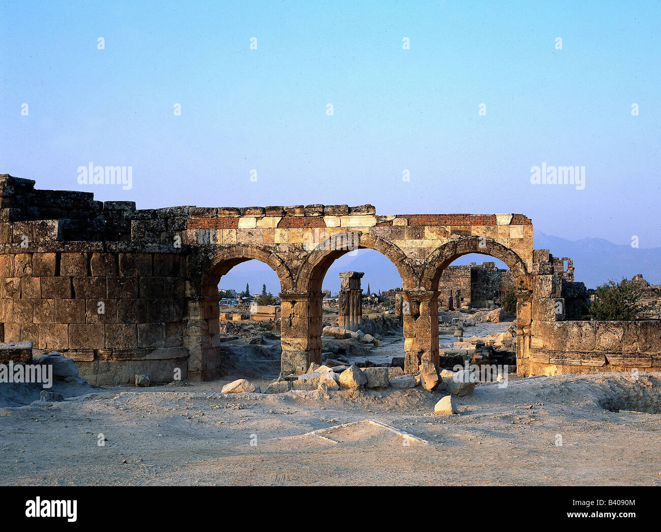 geography / travel, Turkey, Pamukkale, ancient city of Hierapolis, Byzantium gate, built 394 AD  as a part of the town fortress, ruin,  UNESCO, World Heritage Site, Anatolia, hellenism, Roman,  Byzantine empire, gate, city wall, Stock Photo
