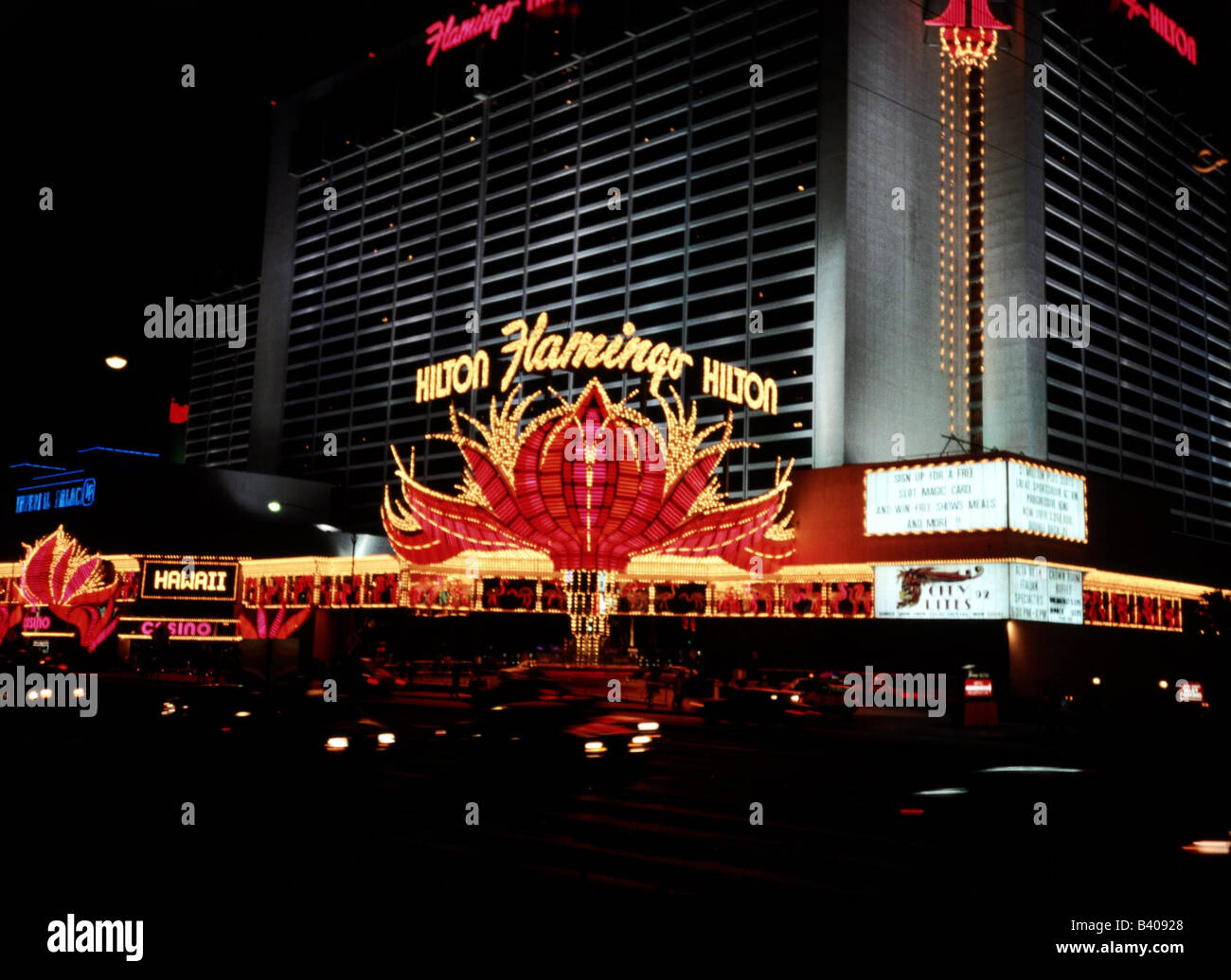geography / travel,  USA, Nevada, Las Vegas, casino and Hotel Hilton flamingo, night shot, sign, neon writing, illuminated advertising , Stock Photo