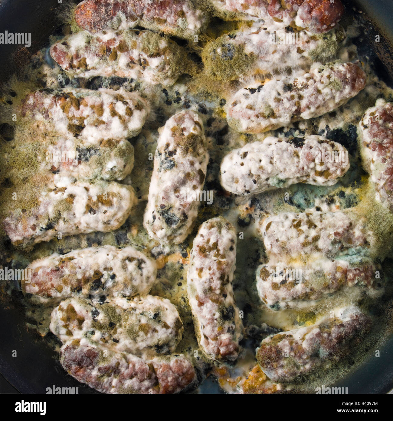 Frying pan full of mouldy sausages discovered under the grill after