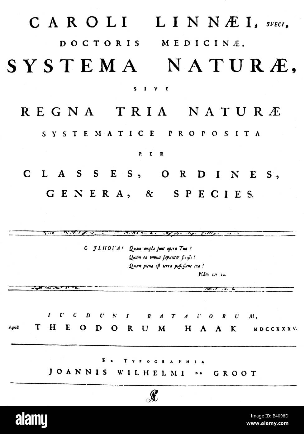Linne, Carl von, 23.5.1707 - 10.1.1778, swedish natural scientist, works, 'Systema Naturae', first edition, Leiden, 1735, , Stock Photo